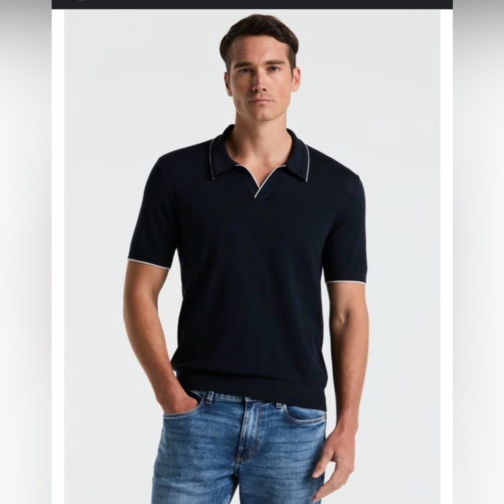 Perry Ellis Men's Black Tech Knit Open Collar Tipped Sweater polo.